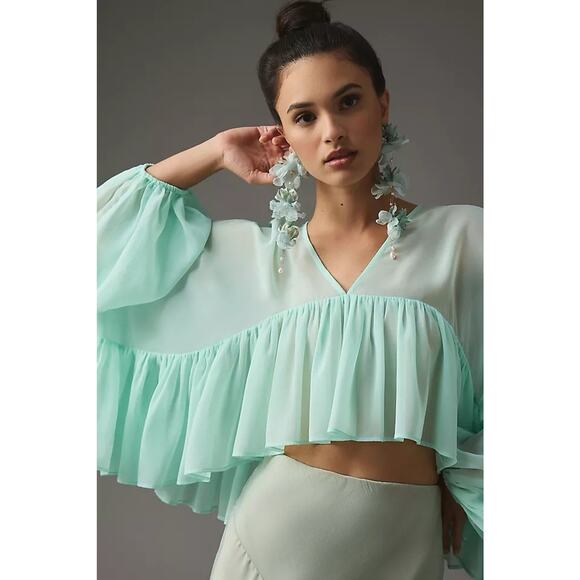 Anthropologie Tops - Anthropologie Mint Green Ruffle Crop Blouse